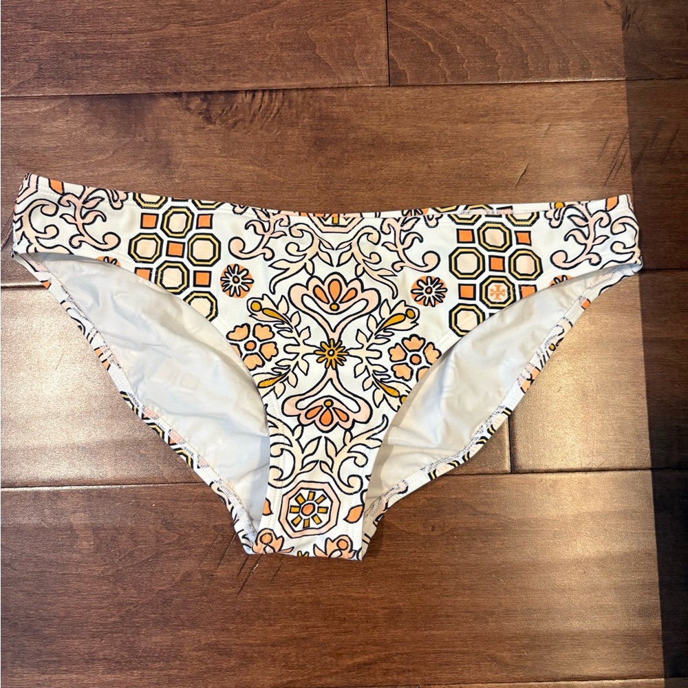 Tory Burch White Bikini Bottoms with Orange Logo Trim
